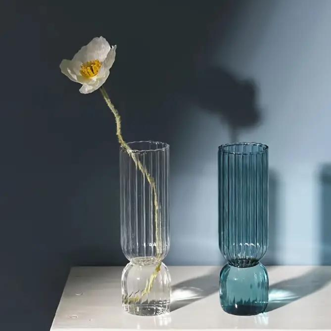 Ribbed Glass Vase in Blue